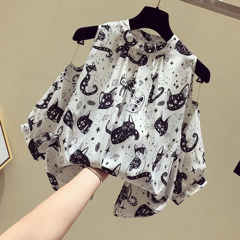 Summer Clothing Cartoon - Cat Cartoon Print Chiffon Vintage O-Neck