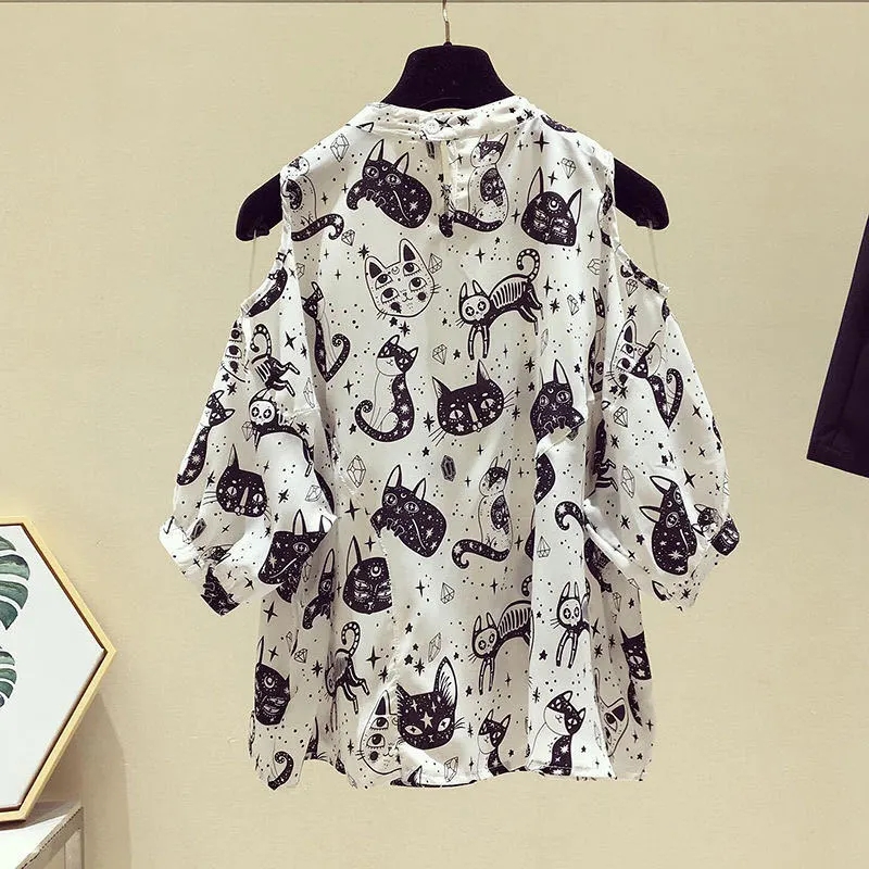 Cat Cartoon Print Chiffon Vint - Summer Clothing Cartoon 评论和价格