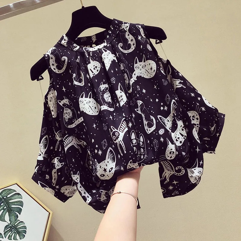 Cat Cartoon Print Chiffon Vint - Summer Clothing Cartoon 评论和价格