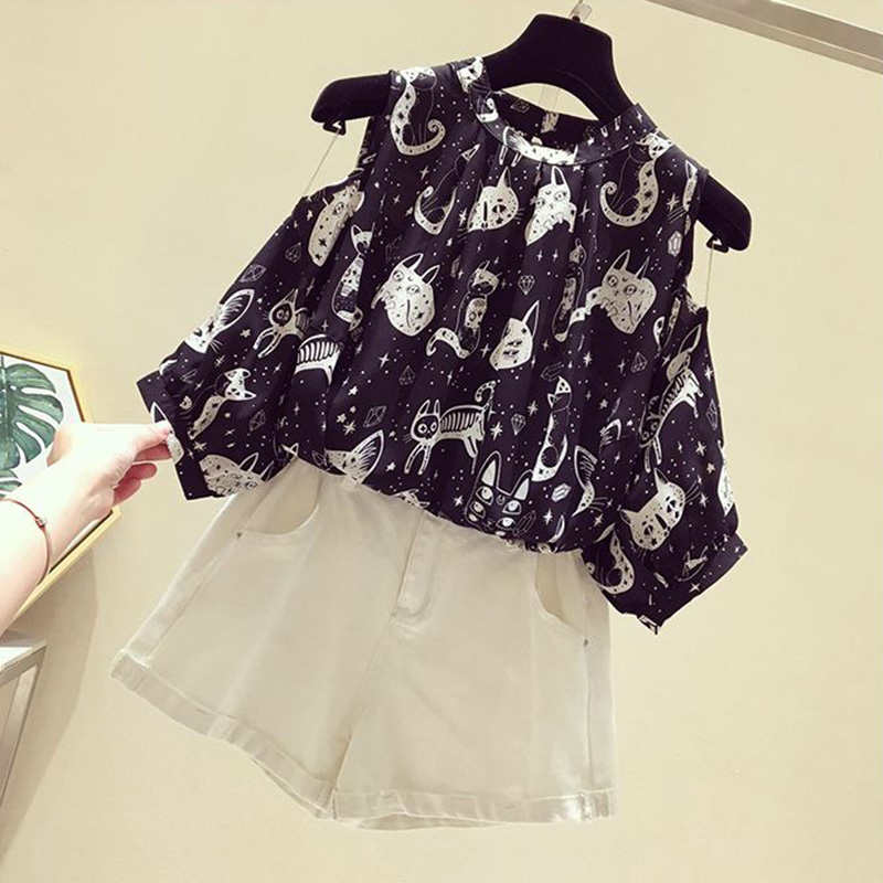 Cat Cartoon Print Chiffon Vint - Summer Clothing Cartoon 评论和价格
