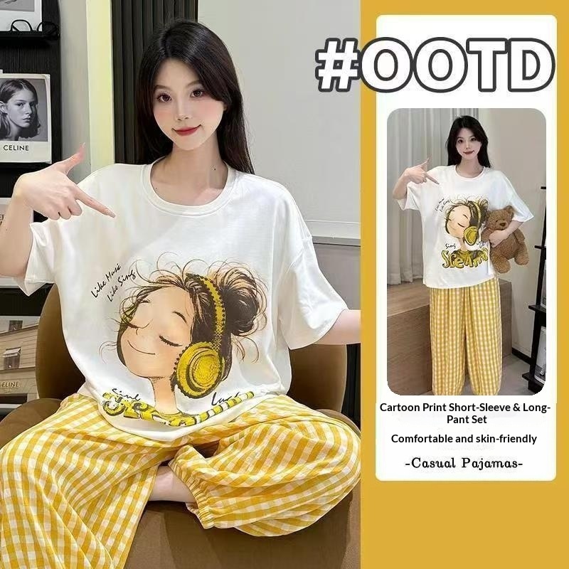 Women's Short Sleeved Long Pan - Summer House Clothing 评论和价格