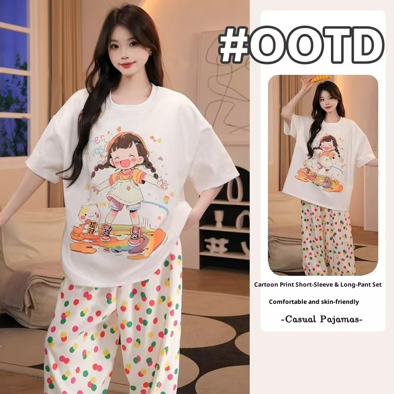 Women's Short Sleeved Long Pan - Summer House Clothing 评论和价格